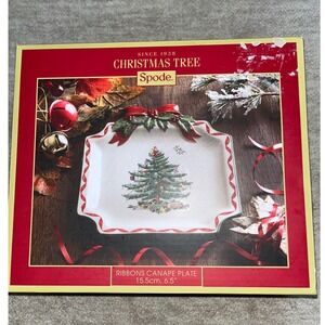 Spode Christmas Tree Ribbons Canape Plate 6.5 Inch Holiday Appetizer Dish